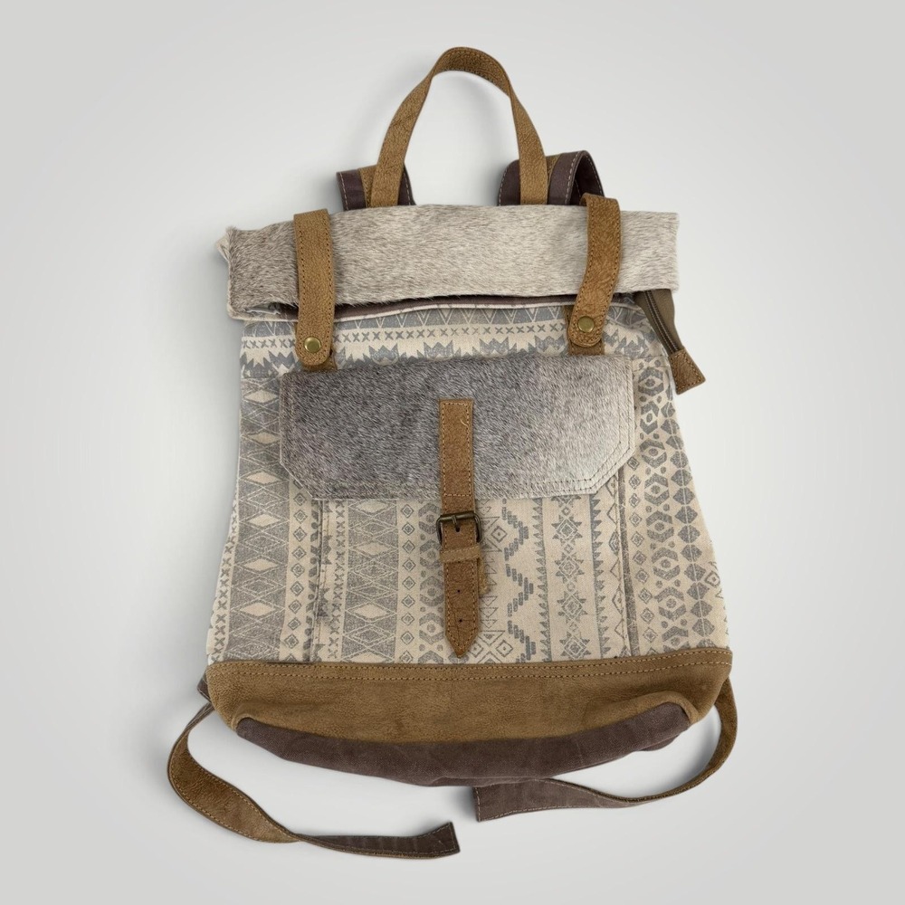 Myra Bag Backpack Womens Large Brown Aztec Canvas Leather Hair On Hide Boho